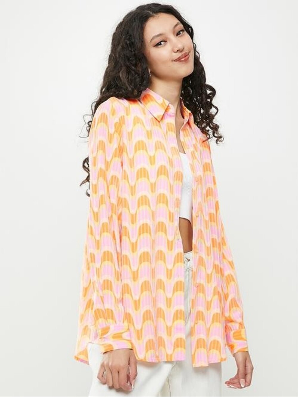 Cotton On Women's Retro Wave Button-Down Shirt in Orange & Pink